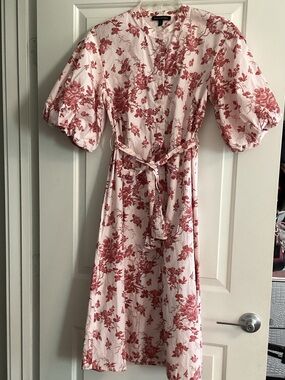 Banana Republic Pink Midi Dress with Red Floral Print and Puff Sleeves